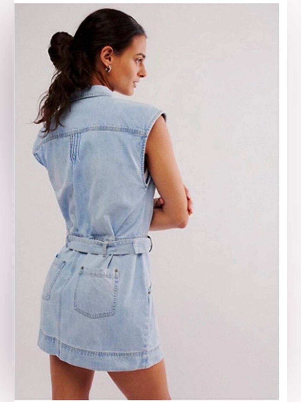 $168 FREE PEOPLE NWT S Rowley Belted Denim Mini Dress Sunbleached Blue - Picture 2 of 8